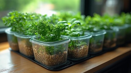 Fresh herbs growing in containers on a windowsill indoors. Generative AI