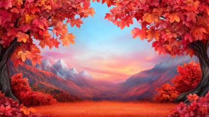 Autumn Forest with Colorful Leaves and Scenic Mountain View. Generative AI