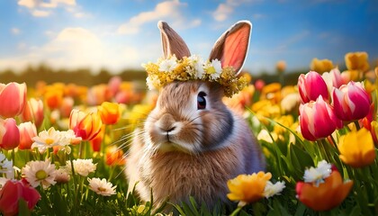 Fototapeta premium Fluffy bunny with a daisy crown among vibrant tulips under a bright blue sky