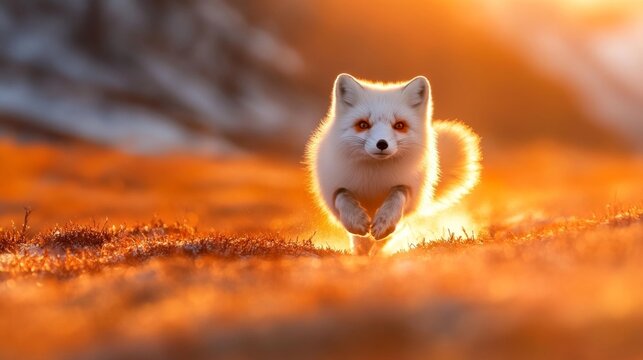 A White Fox Running Through an Orange-Hued Landscape. Generative AI
