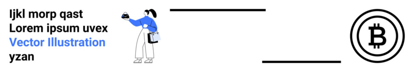 Woman holding smartphone, interacting with digital currency concept represented by Bitcoin symbol. Ideal for finance, cryptocurrency, online payment, e-wallet, fintech, blockchain, flat landing page