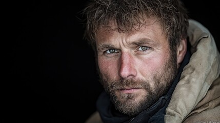 Obraz premium Close-up portrait of serious man in outdoor gear