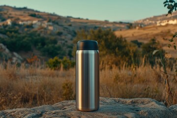 Stainless Steel Travel Mug on Rocky Surface with Scenic Hills in Background at Golden Hour