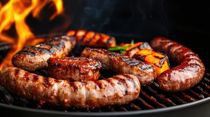 Grilled sausages and steaks, summer BBQ, flames, outdoor cooking