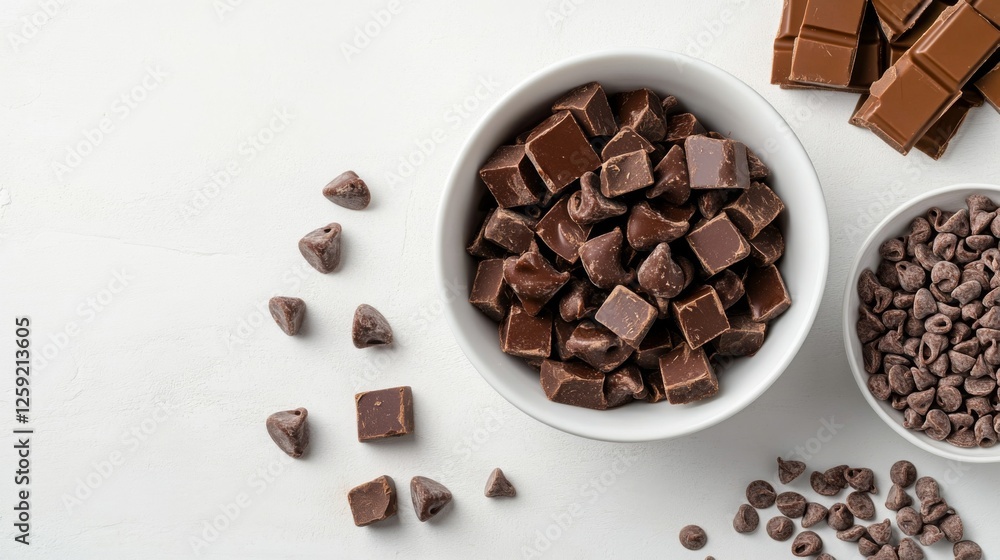 Poster a bowl of chocolate chips and chunks on a white countertop, ready for baking or snacking, showcasing
