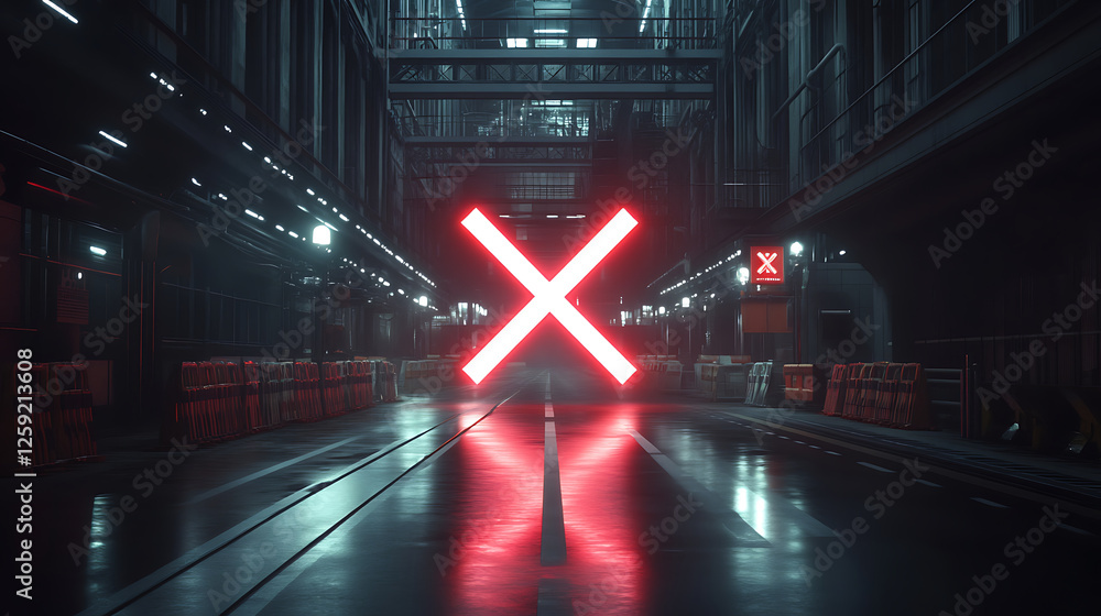 Wall mural Glowing Red Neon Cross Sign in a Dark Futuristic City Street at Night