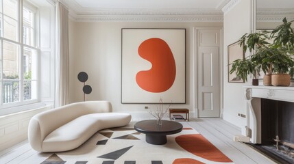 A bright and airy living room with a minimalist design, including a low-profile sofa, a geometric rug, and a large, unobtrusive piece of art on the wall.