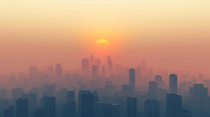 Fototapeta premium A city skyline covered in smog and haze, with the sun barely visible through the pollution, demonstrating the environmental consequences of global warming in urban areas.