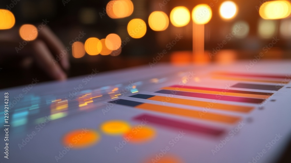 Poster A close-up of a printed financial report with a bar chart showing sales growth, with a hand pointing at the chart, highlighting detailed financial analysis.