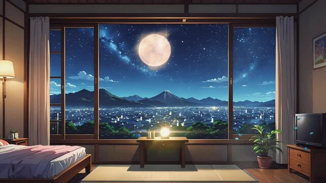 Serene night scene from a bedroom window overlooking a city lit up under a full moon and starry sky. Seamless looping 4k time-lapse virtual video background