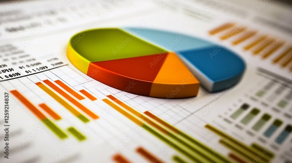 Poster A detailed close-up of a pie chart and line graph combination on a printed report, emphasizing business statistics and analysis in a tidy office setting.