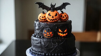 Three tier black halloween cake decorated with icing spider webs, pumpkins and a bat