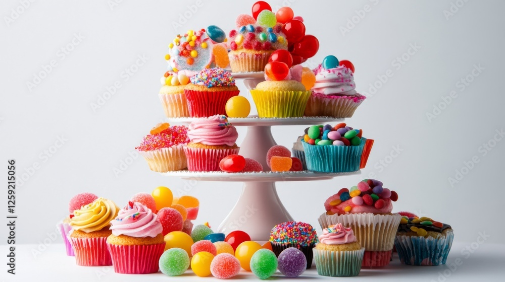Poster a festive candy display featuring a tiered stand with an assortment of candies and sweets, including