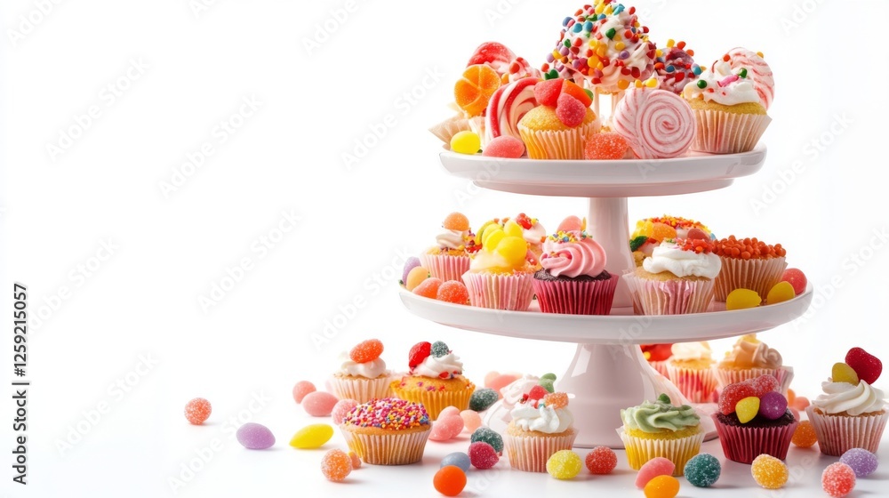 Poster a festive candy display featuring a tiered stand with an assortment of candies and sweets, including