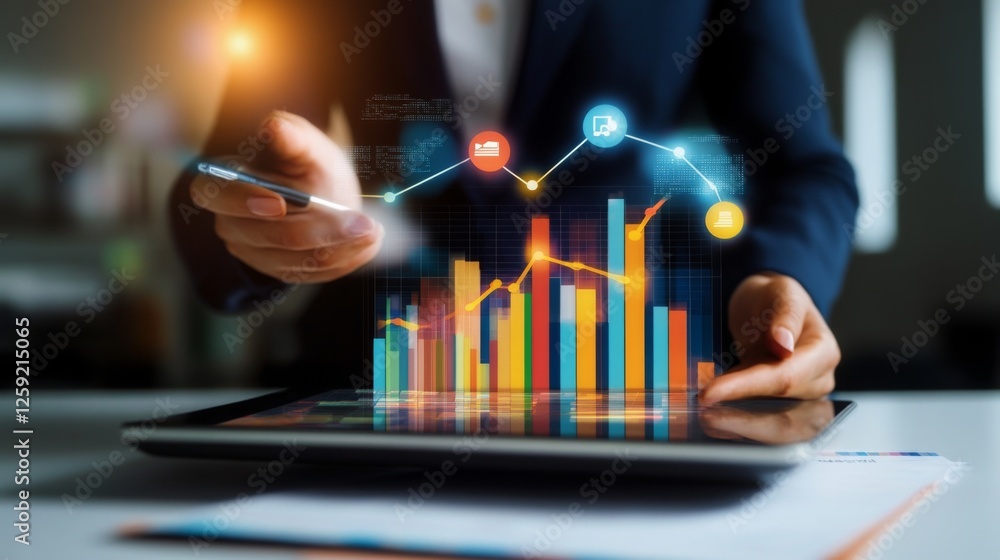 Poster a financial analyst reviewing a bar chart report with colorful graphs and data projections on a tabl
