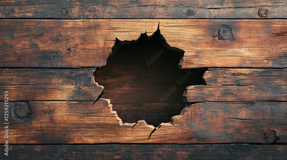 Poster big old hole forming in rustic wooden wall showing empty space