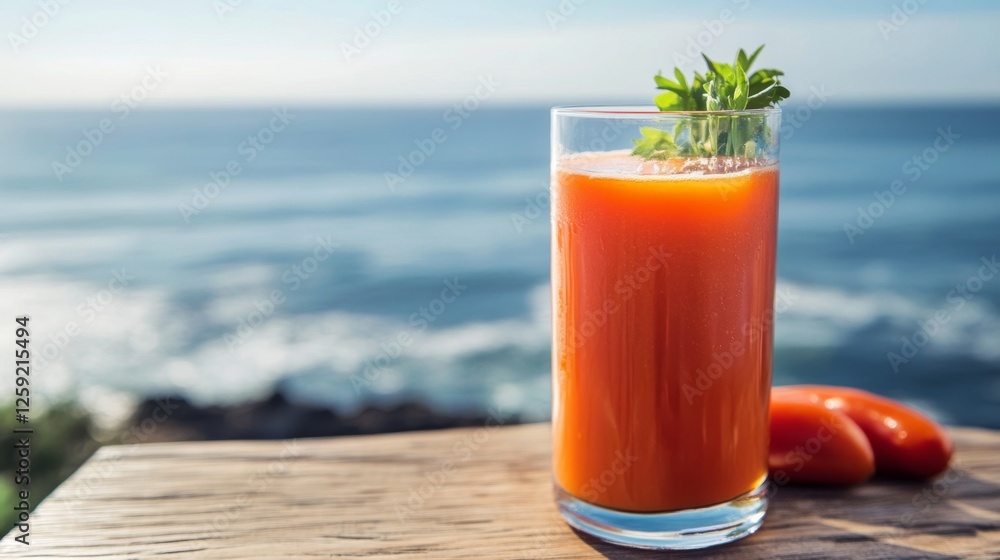 Poster a glass of tomato juice on a beachside table with the ocean in the background, evoking a sense of re