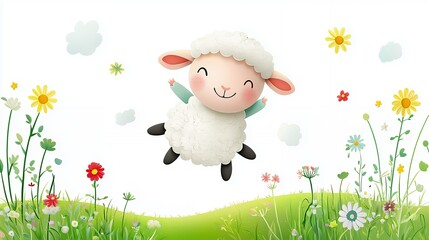 Cute Cartoon Sheep Jumping in a Spring Meadow