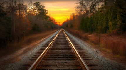 Fototapeta premium A long stretch of railway tracks disappearing into the horizon at sunset, with warm orange hues reflecting off the rails, symbolizing travel, adventure, and endless possibilities.