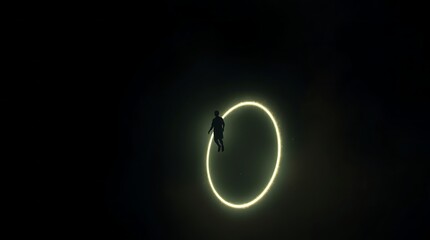 Silhouette Jumping Through Glowing Portal Ring at Night in Dark Background