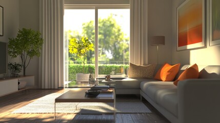 A modern living room with a stylish sofa, coffee table, and decorative throw pillows, bathed in natural light from large windows, creating a cozy and inviting space.