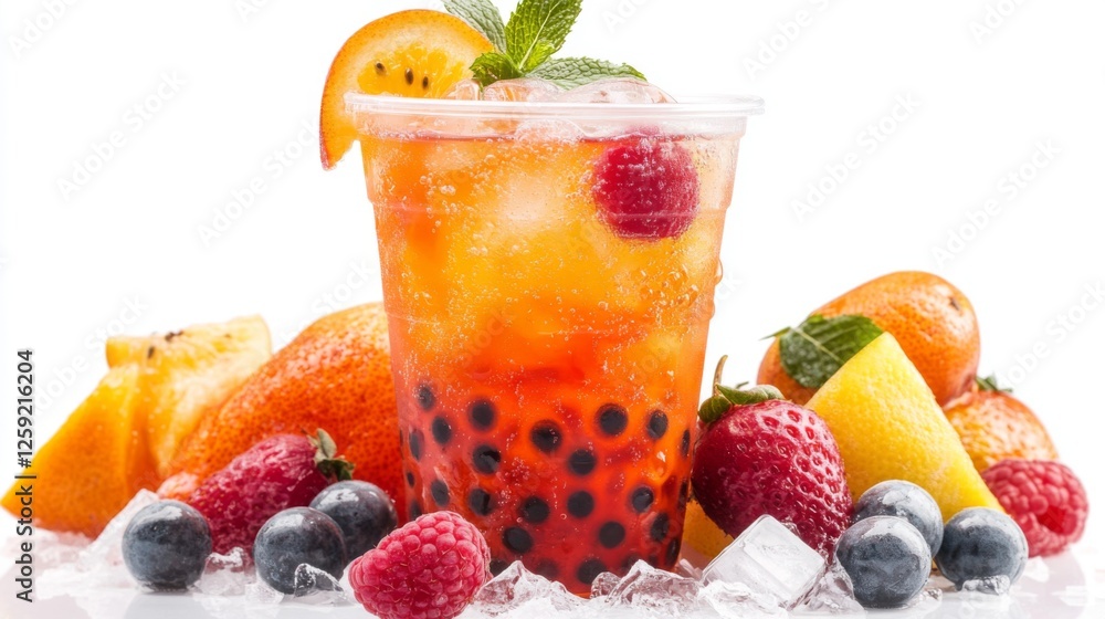 Poster A refreshing cup of fruit-flavored bubble tea with ice cubes and fresh fruit garnishes, displayed on a white background to highlight its cool and inviting appearance.