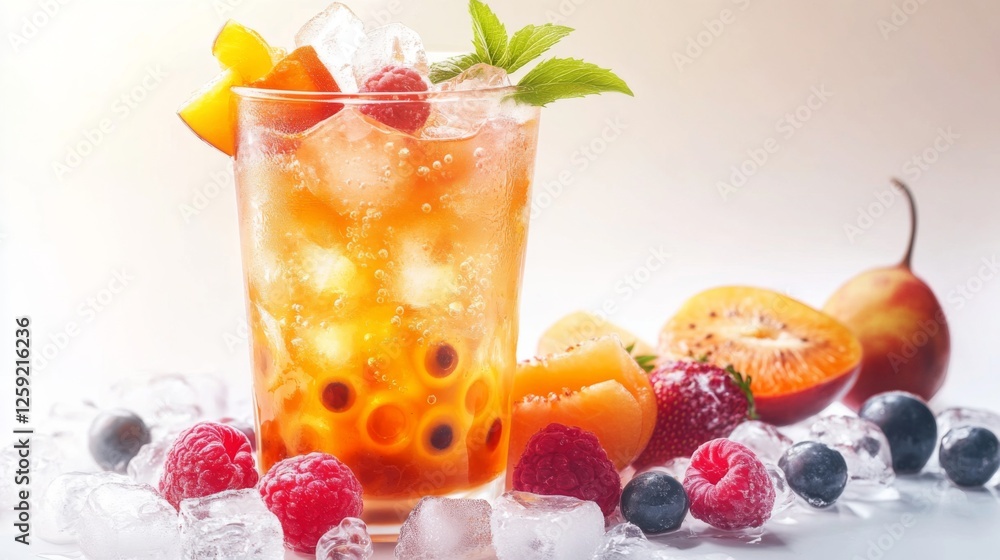 Poster A refreshing cup of fruit-flavored bubble tea with ice cubes and fresh fruit garnishes, displayed on a white background to highlight its cool and inviting appearance.