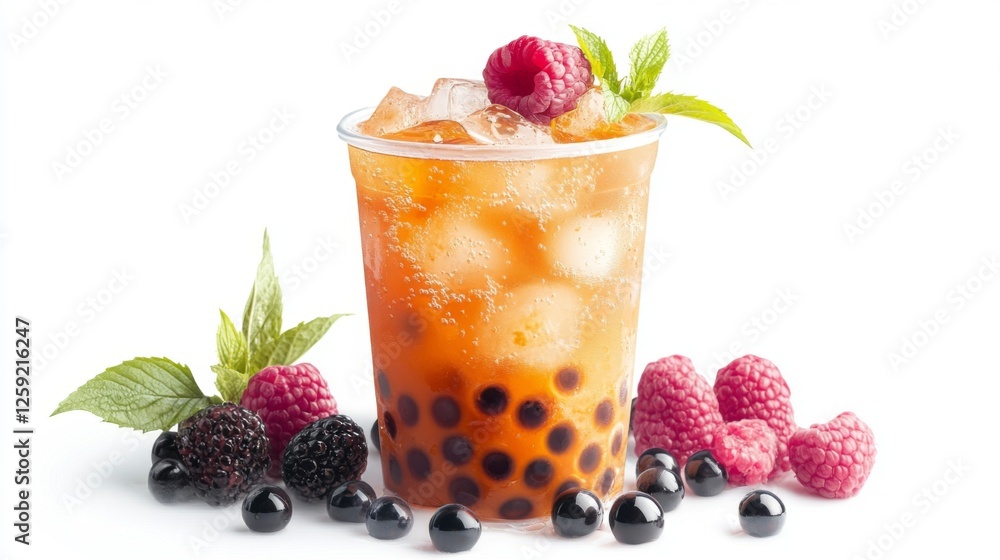 Aufkleber A refreshing cup of fruit-flavored bubble tea with ice cubes and fresh fruit garnishes, displayed on a white background to highlight its cool and inviting appearance.