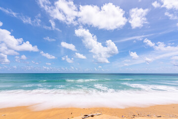 Empty tropical beach and seascape, Beautiful sandy beach and sea in sunny day,Blue sky in good weather day, Beach sea space area nature background