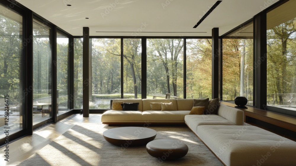 Poster a sleek, minimalist living room with a low-profile sofa, a simple coffee table, and large windows le