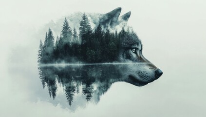 Wolf and Misty Lake: A Double Exposure of Nature's Majesty