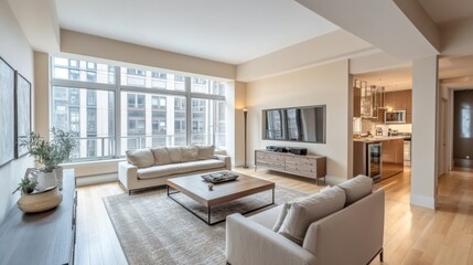 Fototapeta premium A spacious living room with large windows, an open floor plan, and a neutral color palette, including a comfortable sofa, coffee table, and a stylish entertainment center.