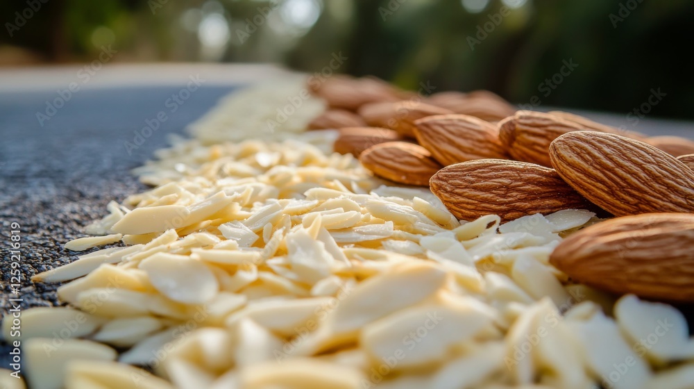 Poster a top-down view of almond slivers and whole almonds arranged neatly on a white surface, highlighting