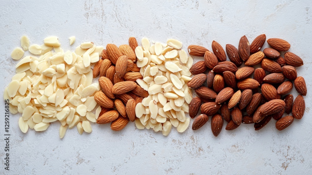 Poster a top-down view of almond slivers and whole almonds arranged neatly on a white surface, highlighting