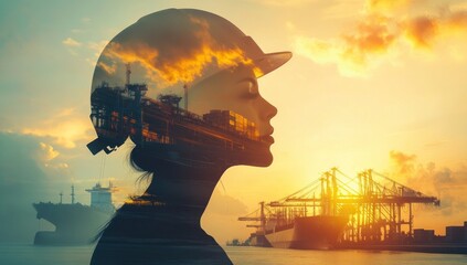 Woman Engineer Silhouette at Sunset with Industrial Port