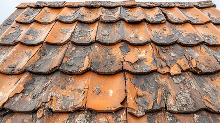 Close-Up View of Weathered Roof Tiles with Peeling Paint and Damage
