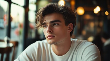 Fototapeta premium A young man with a side-parted hairstyle, casually styled and relaxed, sitting at a caf, reflecting a modern and approachable aesthetic.