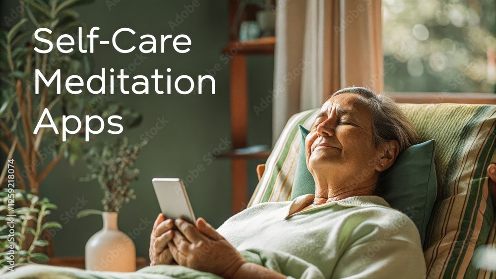 Poster an elderly person resting in an armchair clutching a digital device with a serene expression surroun