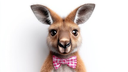 Obraz premium Cute joey kangaroo portrait, white background, bow tie