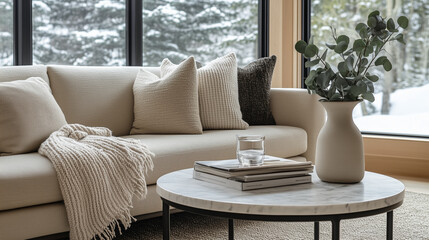 Minimalist interior design of modern cozy livingroom with winter view
