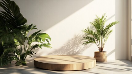Minimalist Wooden Platform with Tropical Plants in Sunlit Room