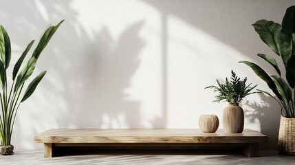 Serene Minimalist Interior Design: Wooden Platform with Plants and Vases