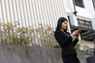 Future remote work combines technology smart phone digital business woman enable e-learning...