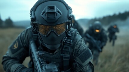 Obraz premium Elite Tactical Soldiers Wearing High-Tech Gear and Tactical Helmets. Generative AI