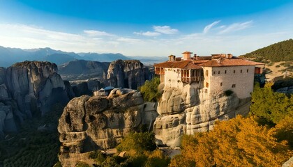 cliffside monastery overlooking a vast landscape 