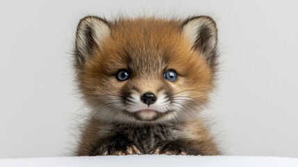 Obraz premium tiny arctic fox cub is curled up on pristine white background resembling small ball of snow. Its expressive blue eyes and delicate nose create adorable contrast against its fluffy fur.