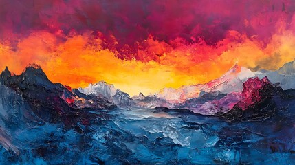 Fiery Sunset Over Majestic Mountains: A Vivid Impasto Landscape