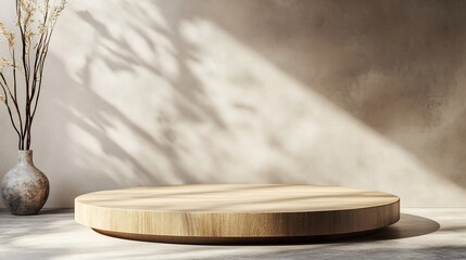 Minimalist Wooden Display Platform with Dried Flowers and Sunlight