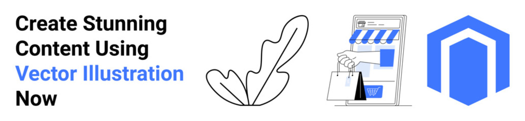 Shopping bag held near an online store graphic, leaf illustration, and geometric hexagon logo. Ideal for e-commerce, digital marketing, branding, retail, online shopping, business strategy flat