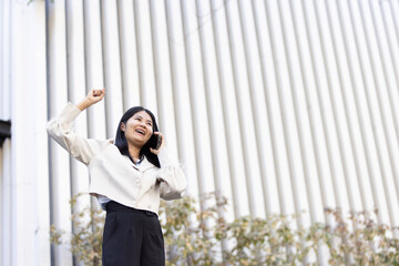 Future remote work combines technology smart phone connection online white digital business woman...